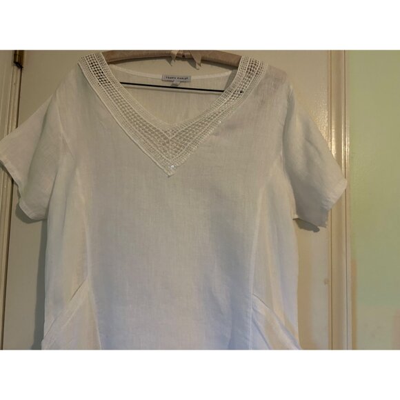 TEMPO PARIS Off White 100% Linen Artsy Dress Rauched Skirt Asymetrical Hem SZ M - Picture 11 of 16